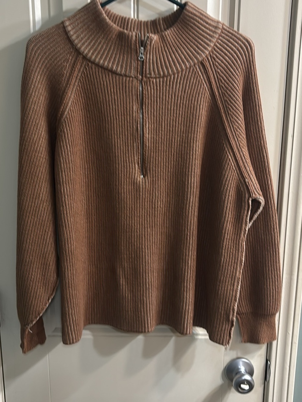 Half-Zip Ribbed Turtleneck Sweater in Camel